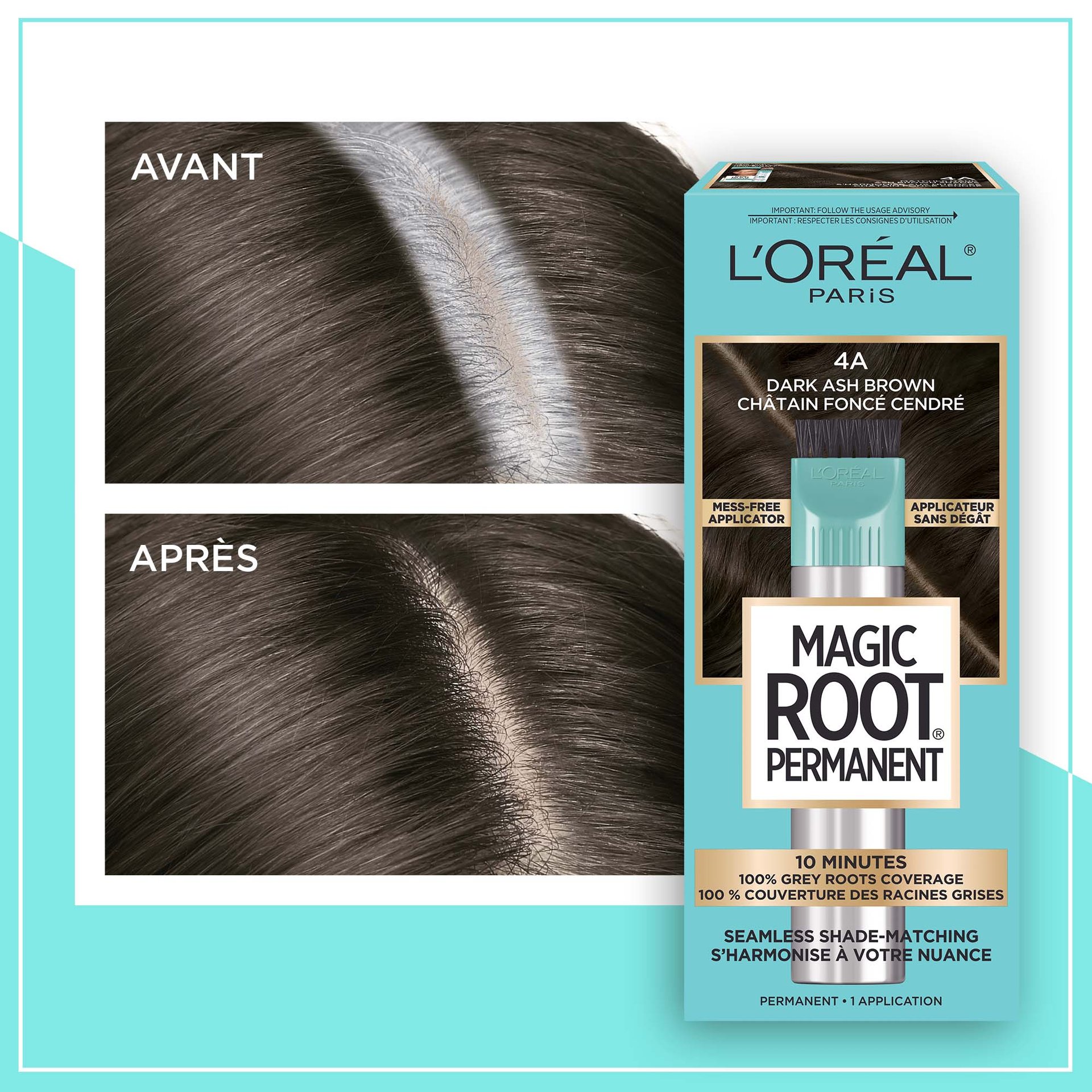 Avant et après la coloration Magic Root Permanent 4A Dark Ash Brown
